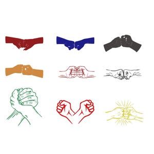 Könnte beinhalten: Neun verschiedene Illustrationen von Händen in verschiedenen Positionen. Die Bilder zeigen Hände, die Fäuste stoßen, Hände, die sich umarmen, und einen Händedruck. Die Illustrationen sind in verschiedenen Farben, darunter Rot, Blau, Schwarz und Grün.