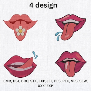 Tongue Lips Embroidery Design Bundle – Fun Lip Stick Out Machine Embroidery Files – Cheeky Mouth Embroidery – Instant Download