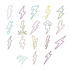 May include: A collection of seventeen hand-drawn lightning bolt icons in various colors including pink, purple, teal, yellow, green, red, and brown. Some bolts are simple zig-zag shapes, while others include small clouds or ground strike marks.