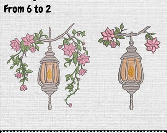 Hanging Floral Lantern Machine Embroidery Design, Instant Download Digital, (2 Designs, 7 Sizes)