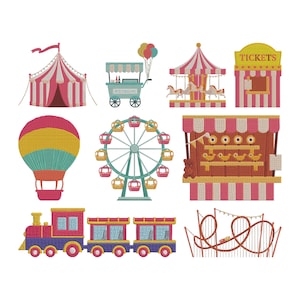 May include: A collection of colorful carnival-themed illustrations. Includes a circus tent, ice cream cart, carousel, ticket booth, hot air balloon, Ferris wheel, duck game, train, and roller coaster. The designs feature red, yellow, and blue accents.