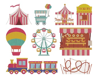 Circus Fair Embroidery Design, Carnival Fair Machine Embroidery File, 9 Design, 9 Size, Instant Download
