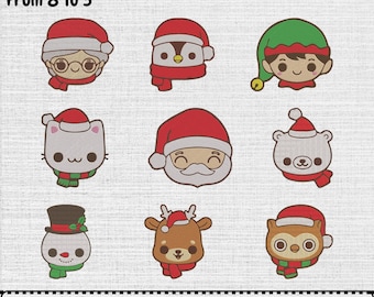 Borduurpatroon voor kerstgezichten, digitaal patroonbestand met feestelijke gezichten, direct te downloaden (9 ontwerpen, 7 maten)