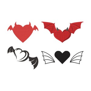 May include: Four heart-shaped designs with wings and horns. Two red hearts feature devil horns and wings. One black heart has wings, and another heart-shaped design is black with white wing outlines. All are on a white background.