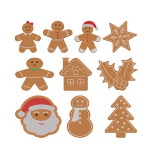Könnte beinhalten: Eine Sammlung von Lebkuchen in verschiedenen Formen, darunter ein Lebkuchenmann, eine -frau, ein Weihnachtsmann, ein Schneemann, ein Haus, ein Stern, Stechpalme und ein Weihnachtsbaum. Jeder Keks ist mit weißem Zuckerguss verziert.