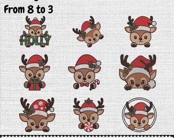 Christmas Reindeer Face Machine Embroidery Design, Holiday Reindeer Face Digital Pattern File, Instant Download, (9 Designs, 7 Sizes)
