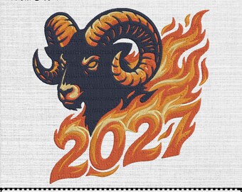 Fire Ram 2027 Machine Embroidery Design, Flame Goat Face Digital Pattern File, Instant Download, (1 Design, 5 Sizes)