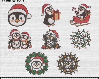Diseño de bordado a máquina de pingüino navideño, archivo de patrón digital de pingüino navideño, descarga instantánea (8 diseños, 5 tamaños).