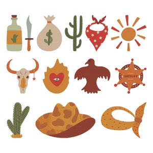 Puede incluir: Colección de ilustraciones con temática del Oeste. Incluye una botella, un cuchillo, una bolsa de dinero, un cactus, una bandana roja, un sol, una calavera de toro, un corazón con un ojo, un águila, una placa de sheriff, un sombrero de vaquero y una bandana amarilla.