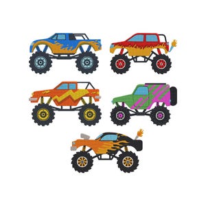 Puede incluir: Cinco diseños de camiones monstruo coloridos. Cada camión presenta neumáticos grandes y una combinación de colores única, que incluye azul con llamas amarillas, rojo con llamas naranjas, naranja con zigzags amarillos, verde con patrones rosas y morados y naranja con llamas negras.