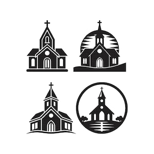 May include: Four black and white church illustrations. Each church has a steeple with a cross. One church is set against a sunburst design. Another is within a circular frame with trees and water.