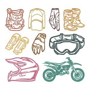 May include: An illustration of motocross gear, including a chest protector, long-sleeved shirt, pants, boots, knee pads, gloves, goggles, a helmet, and a dirt bike. The color palette includes shades of brown, yellow, pink, and green.