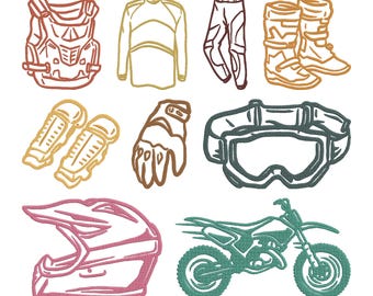 Motocross Gear Bike Rider Embroidery Design, Dirt Bike Rider Equipment Machine Embroidery File, 9 Design, 9 Size, Instant Download