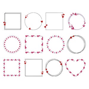 May include: Twelve frames in various shapes, including squares, circles, and a heart, are shown. Each frame is decorated with small red hearts or heart-shaped designs, ideal for Valentine's Day or romantic themes. The frames are outlined in black.