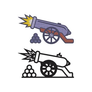 May include: Two illustrations of a cannon. The top image is a colorful embroidered design with a purple cannon, brown carriage, and yellow explosion. The bottom image is a black and white line drawing of a cannon.