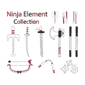May include: A collection of hand-drawn ninja weapon illustrations. The image includes a variety of weapons such as swords, axes, throwing stars, a bow and arrow, and nunchucks. The text "Ninja Element Collection" is at the top.