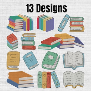 May include: A digital illustration featuring 13 designs of books in various arrangements, including stacks, single volumes, and open books. The collection displays a vibrant color palette of red, blue, green, yellow, and orange, with the text 13 Designs.