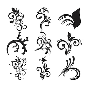 May include: A collection of nine distinct black graphic illustrations featuring swirling floral motifs, curved vines, and dotted accents arranged in a grid. Each individual design element showcases symmetrical and asymmetrical organic shapes.