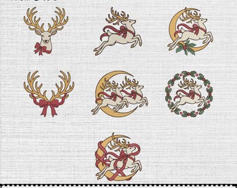 Christmas Reindeer Machine Embroidery Design, holiday Deer Digital Pattern File, Instant Download, (7 Designs, 7 Sizes)