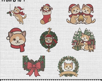 Paquete de diseños de bordado a máquina de gatos navideños, archivo de patrón digital de gato festivo, descarga instantánea (8 diseños, 5 tamaños).