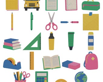 School Icons Machine Embroidery Design, School Elements Embroidery, Colorful School Supplies Embroidery Set, Instant Digital Download