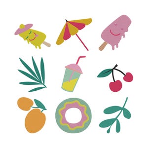 Pode incluir: Uma coleção de ilustrações coloridas com tema de verão. Inclui um picolé amarelo com chapéu rosa, um guarda-sol rosa e amarelo, um picolé rosa, folhas verdes, uma bebida, cerejas, laranjas, uma rosquinha e um raminho de folhas.