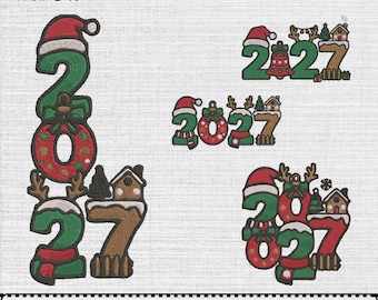 Happy New Year 2027 Christmas Machine Embroidery Design, Instant Digital Download, (4 Designs, 5 Sizes)