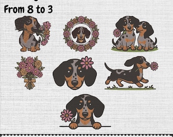 Dachshund Dog Flower Machine Embroidery Design, Floral Pet Digital Pattern File, Instant Download, (7 Design, 7 Sizes)