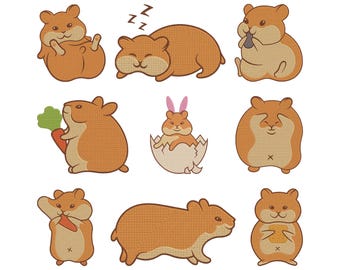 Hamster Embroidery Design, Hamster Machine Embroidery File, 9 Design, 5 Size, Instant Download