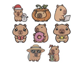 Capybara Embroidery Design, Kawaii Capybara Animal Machine Embroidery File, 8 Design, 5 Size, Instant Download