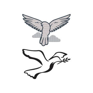 Puede incluir: Dos ilustraciones de palomas sobre un fondo blanco. La paloma superior es gris con las alas extendidas, sobre dos pequeñas nubes. La paloma inferior es negra y lleva una rama de olivo en el pico.