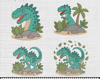 Borduurpatroon van een dinosaurus voor de borduurmachine, digitaal patroonbestand met cartoondinosaurussen, direct te downloaden (4 ontwerpen, 7 maten)