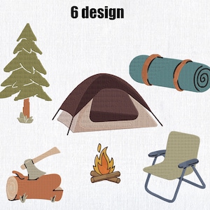 Camping Embroidery Design Bundle – 6 Outdoor Machine Embroidery Files – Tent, Campfire, Pine Tree, , Chair, Sleeping Bag – Instant Download
