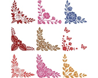 Floral Corner Embroidery Design, Floral Corner Machine Embroidery File, 9 Design, 5 Size, Instant Download