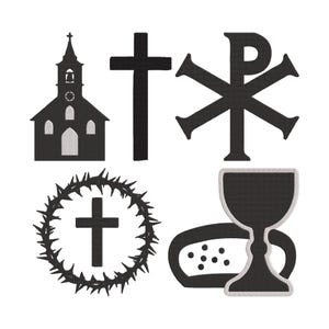May include: A collection of black religious symbols on a white background. The image includes a church, a cross, the Chi-Rho symbol, a cross within a crown of thorns, and a chalice with a host.
