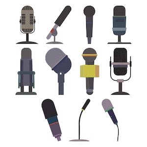 May include: A selection of microphones in various designs and colours. The image includes a classic studio microphone, a handheld microphone with a black handle and red detailing, and a small black microphone on a stand.
