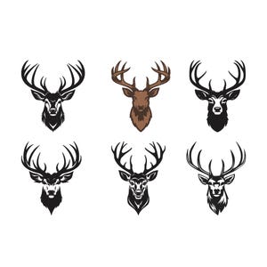 Puede incluir: Seis ilustraciones de cabezas de ciervo. Las imágenes presentan cabezas de ciervo en tonos marrones y negros, con cornamentas detalladas. Estos diseños son adecuados para logotipos o aplicaciones gráficas.