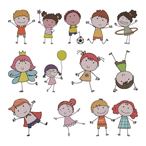 Op de afbeelding: Een verzameling kleurrijke cartoonkinderen in verschillende poses. Sommigen houden een ballon, een bloem en een hoepel vast. Eén kind staat ondersteboven. De kinderen dragen verschillende outfits, waaronder jurken, shorts en capes. De afbeelding heeft een speelse sfeer.