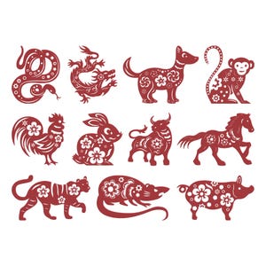 May include: A collection of red paper cut-out illustrations of the Chinese zodiac animals. The animals include a snake, dragon, dog, monkey, rooster, rabbit, bull, horse, tiger, rat, and pig, each decorated with floral patterns.