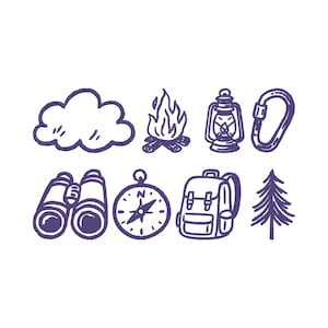 May include: A collection of hand-drawn, purple camping and hiking-themed illustrations on a white background. The image includes a cloud, campfire, lantern, carabiner, binoculars, compass, backpack, and a pine tree.