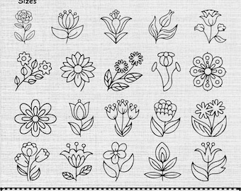 Flower Line Art Machine Embroidery Design Set OF 20, Instant Download Digital, 7 Sizes