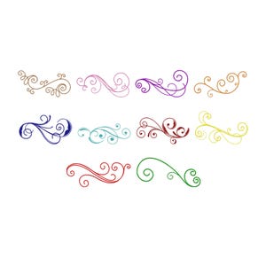 May include: A collection of ten decorative swirl designs in various colors, including gold, pink, purple, and blue. Each design features elegant curves and flourishes, perfect for embellishments or graphic elements. The designs are set against a clean white background.