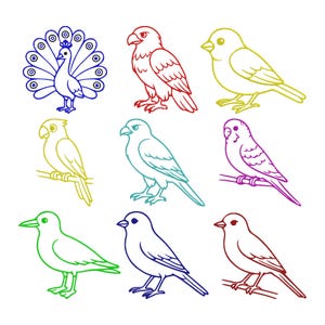 May include: A collection of nine distinct bird illustrations arranged in a grid, featuring a blue peacock, a red eagle, a yellow songbird, a light green parrot, a teal bird, a purple parakeet, a green bird, a dark blue bird, and a red bird.
