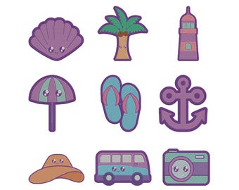 Summer Beach Icons Embroidery Design, Coastal Nautical Machine Embroidery File, Instant Download, 5 Sizes