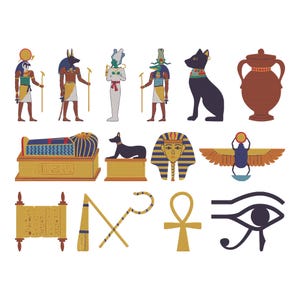 Puede incluir: Conjunto de ilustraciones con temática egipcia. La imagen incluye representaciones de faraones, dioses, un gato negro, un sarcófago, un escarabajo y otros símbolos del antiguo Egipto. La paleta de colores es dorada, azul, marrón y negro.