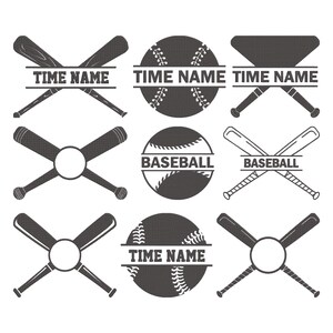 May include: A collection of baseball-themed graphics in black and white. The designs include crossed baseball bats, baseballs, and text boxes with the words "TIME NAME" and "BASEBALL". These graphics are suitable for various applications.
