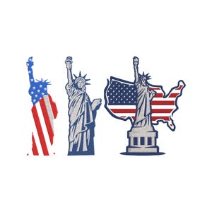 Peut inclure: Trois écussons brodés représentant la Statue de la Liberté. L'un est une silhouette de la statue remplie du drapeau américain. Les deux autres écussons représentent la statue en détail, l'un avec le drapeau américain en arrière-plan.