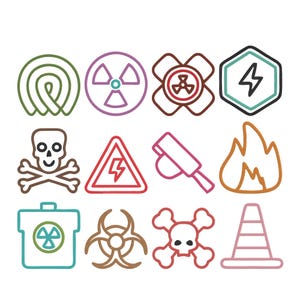 Op de afbeelding: Een verzameling van twaalf kleurrijke lijntekeningen met diverse gevaren- en waarschuwingssymbolen, waaronder een schedel met gekruiste beenderen, stralingssymbolen, een bliksemschicht, een biohazard-symbool, een vlam en een verkeerskegel.