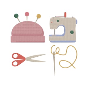 May include: A collection of sewing tools depicted in an illustration. It features a pink pincushion with pins, a beige sewing machine with blue details, a pair of scissors with red handles, and a needle with yellow thread.