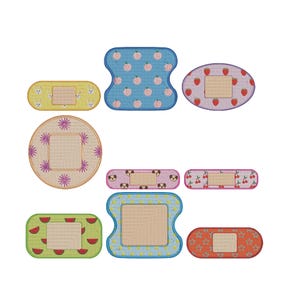 May include: A collection of decorative adhesive bandages in various shapes and sizes. Each bandage features a unique design, including peaches, strawberries, cherries, watermelons, and floral patterns. The bandages are in shades of yellow, pink, blue, and green.
